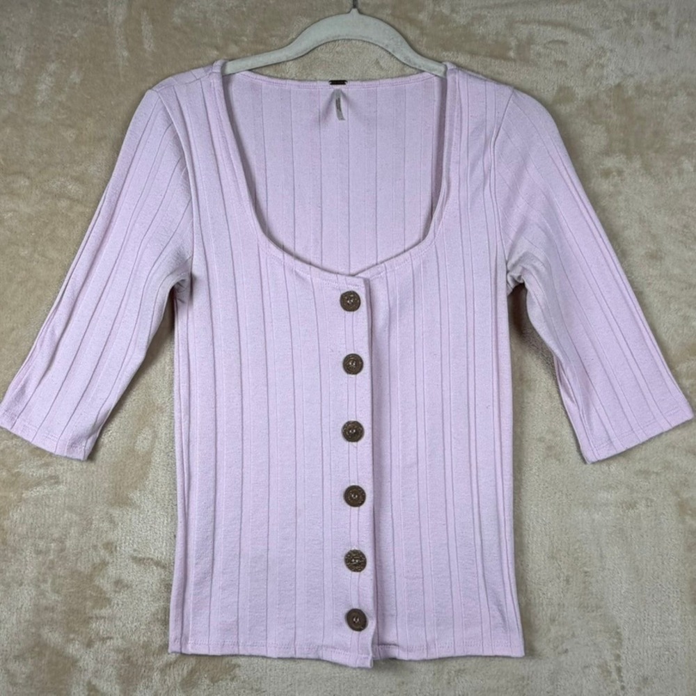 Free People Womens Size Sm Pink Ribbed Button Front Scoop Neck 3/4 Sleeve Top